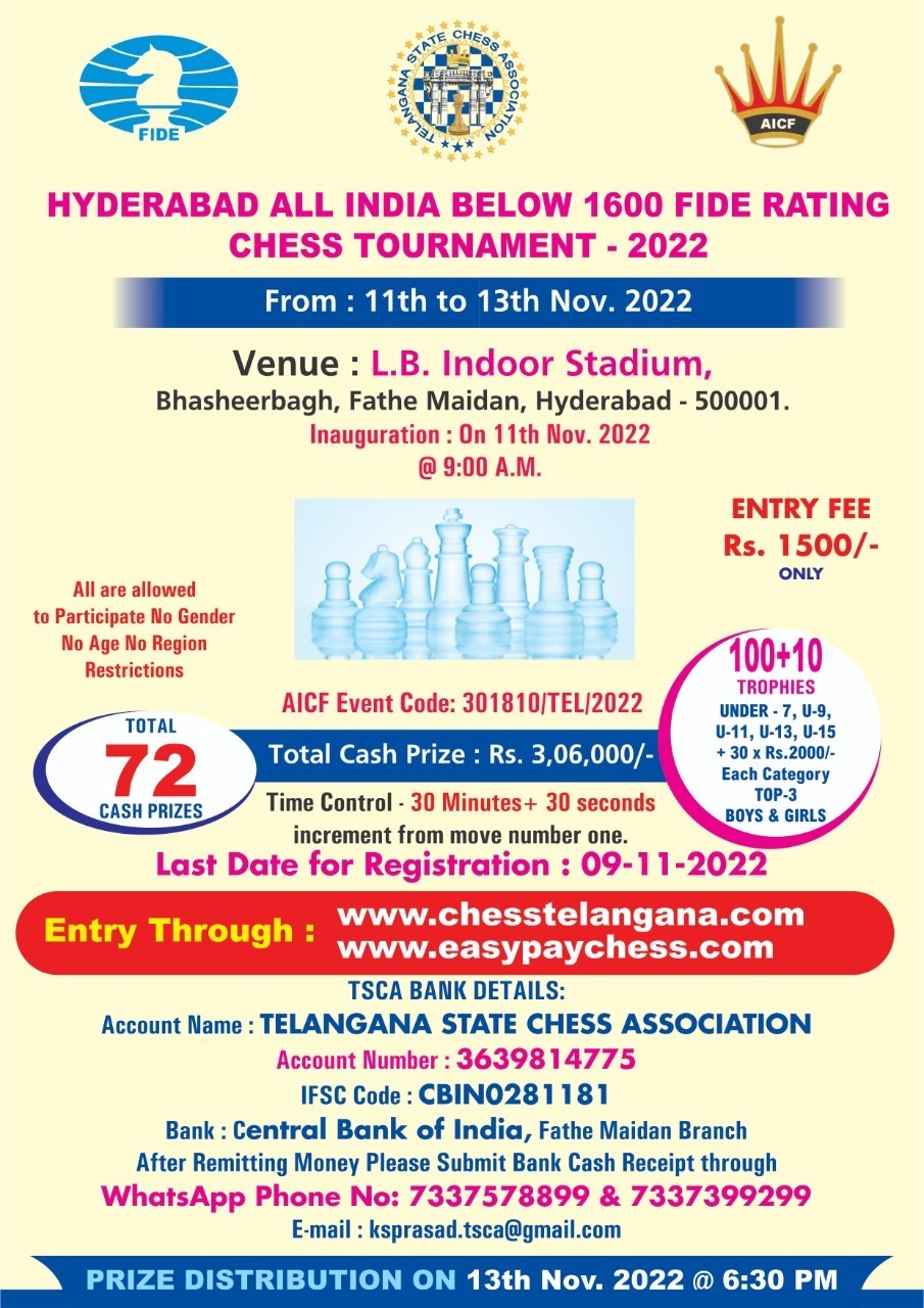 HYDERABAD ALL INDIA BELOW 1600 FIDE RATING CHESS TOURNAMENT - 2022 -  Telangana State Chess Association L