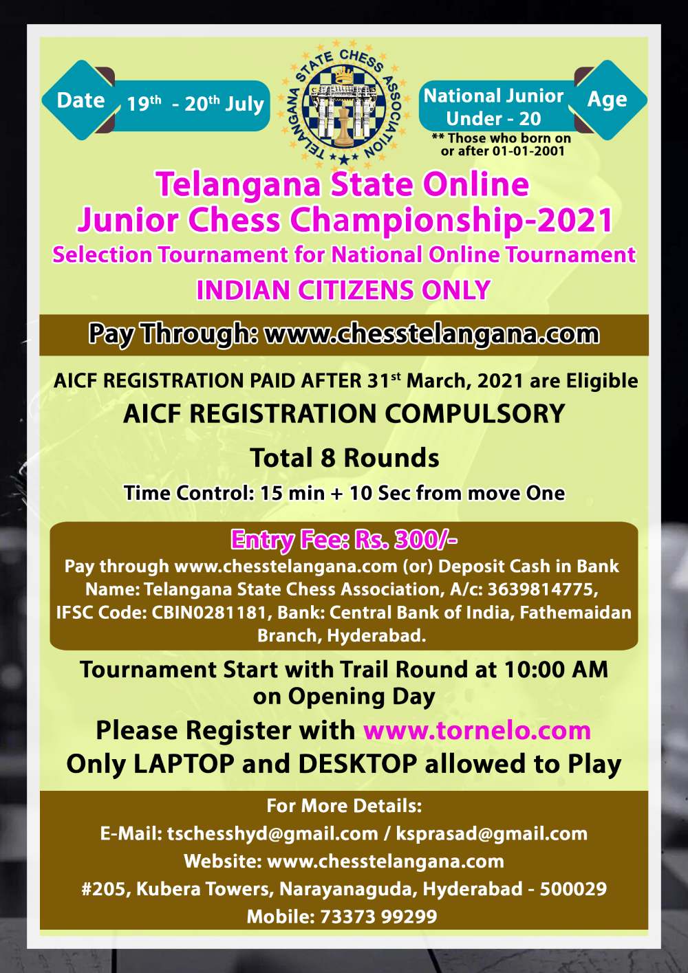 HYDERABAD ALL INDIA BELOW 1600 FIDE RATING CHESS TOURNAMENT - 2022 -  Telangana State Chess Association L