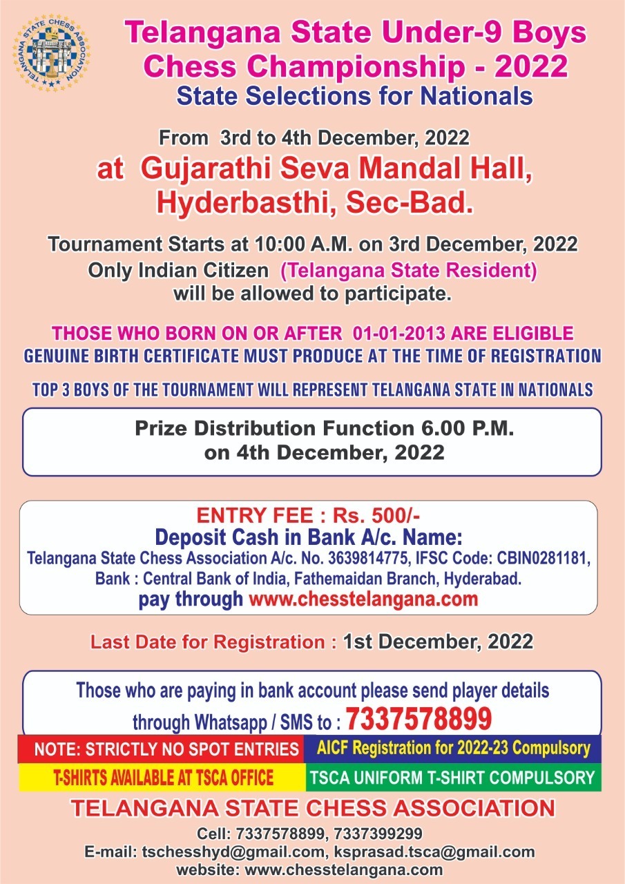 1st Karimnagar All India Open FIDE Rating Chess Tournament 2023 - Telangana  State Chess Association L