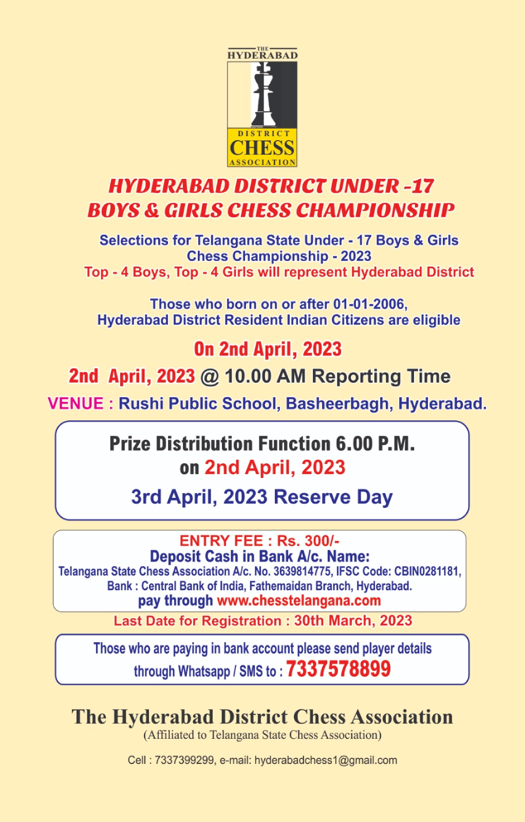 HYDERABAD ALL INDIA BELOW 1600 FIDE RATING CHESS TOURNAMENT - 2022 -  Telangana State Chess Association L