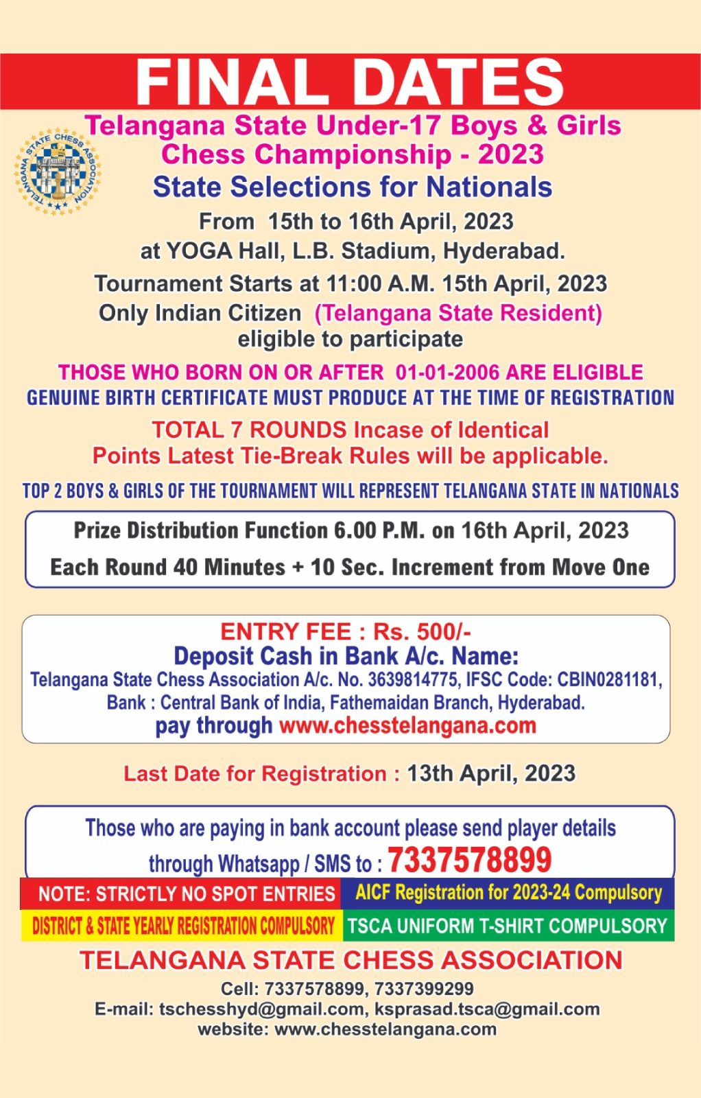 HYDERABAD ALL INDIA BELOW 1600 FIDE RATING CHESS TOURNAMENT - 2022 -  Telangana State Chess Association L