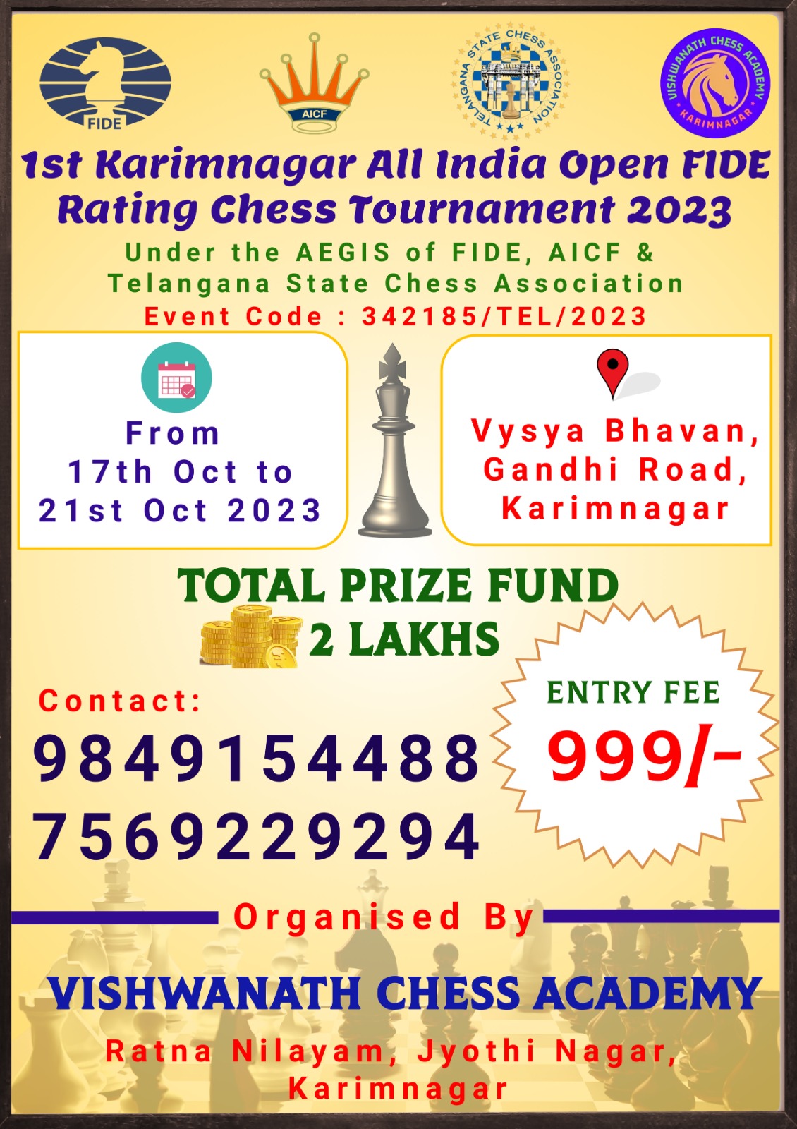 1st Karimnagar All India Open FIDE Rating Chess Tournament 2023 - Telangana  State Chess Association L