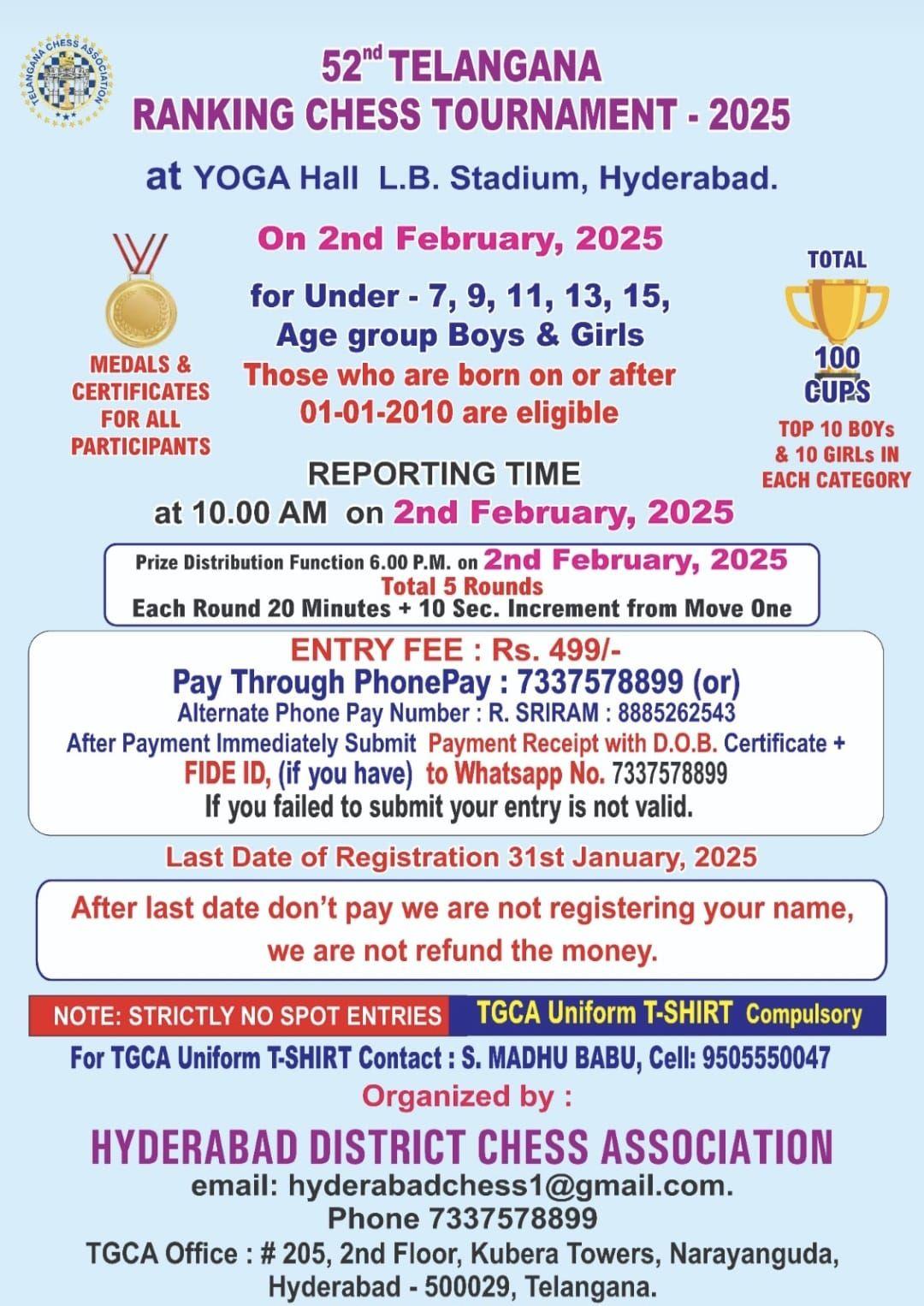 52nd TELANGANA RANKING CHESS TOURNAMENT – 2025