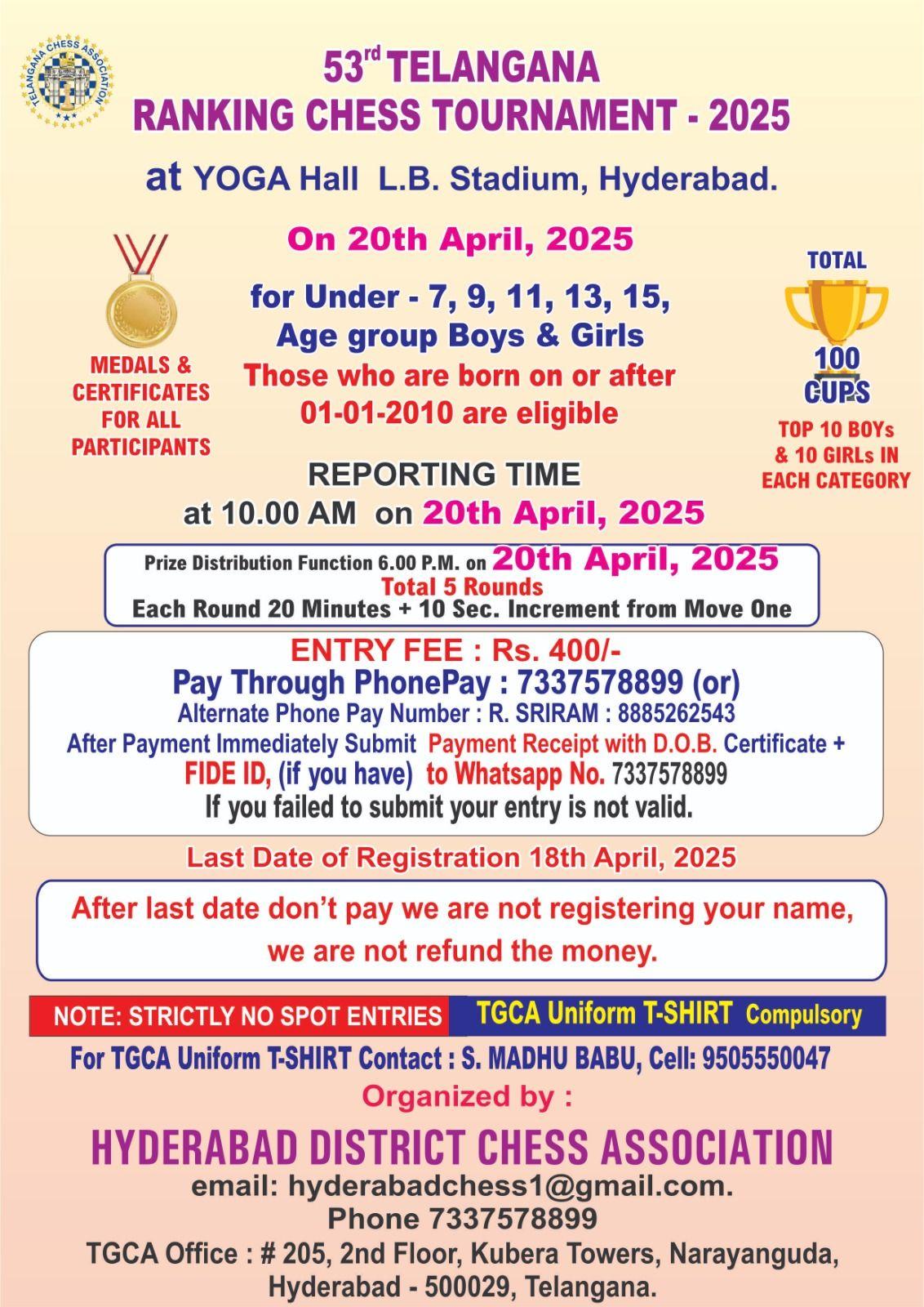 53rd TELANGANA RANKING CHESS TOURNAMENT – 2025