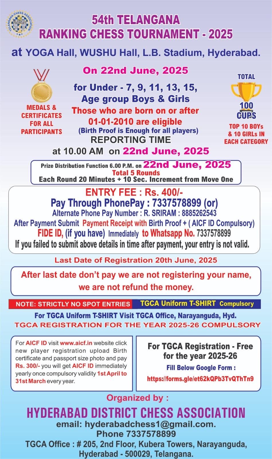 54th TELANGANA RANKING CHESS TOURNAMENT – 2025