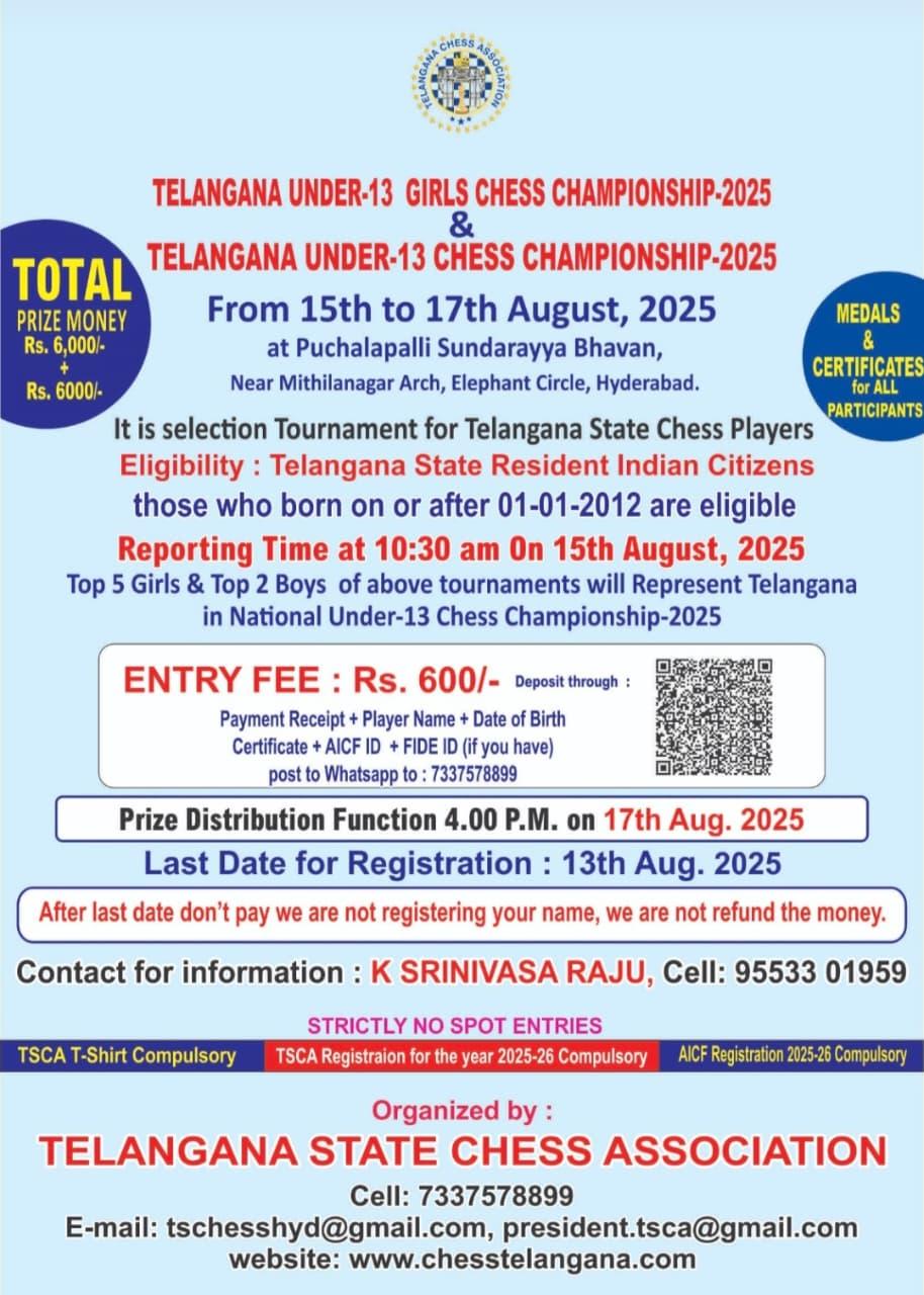 TELANGANA UNDER-13 GIRLS & BOYS CHESS CHAMPIONSHIP–2025