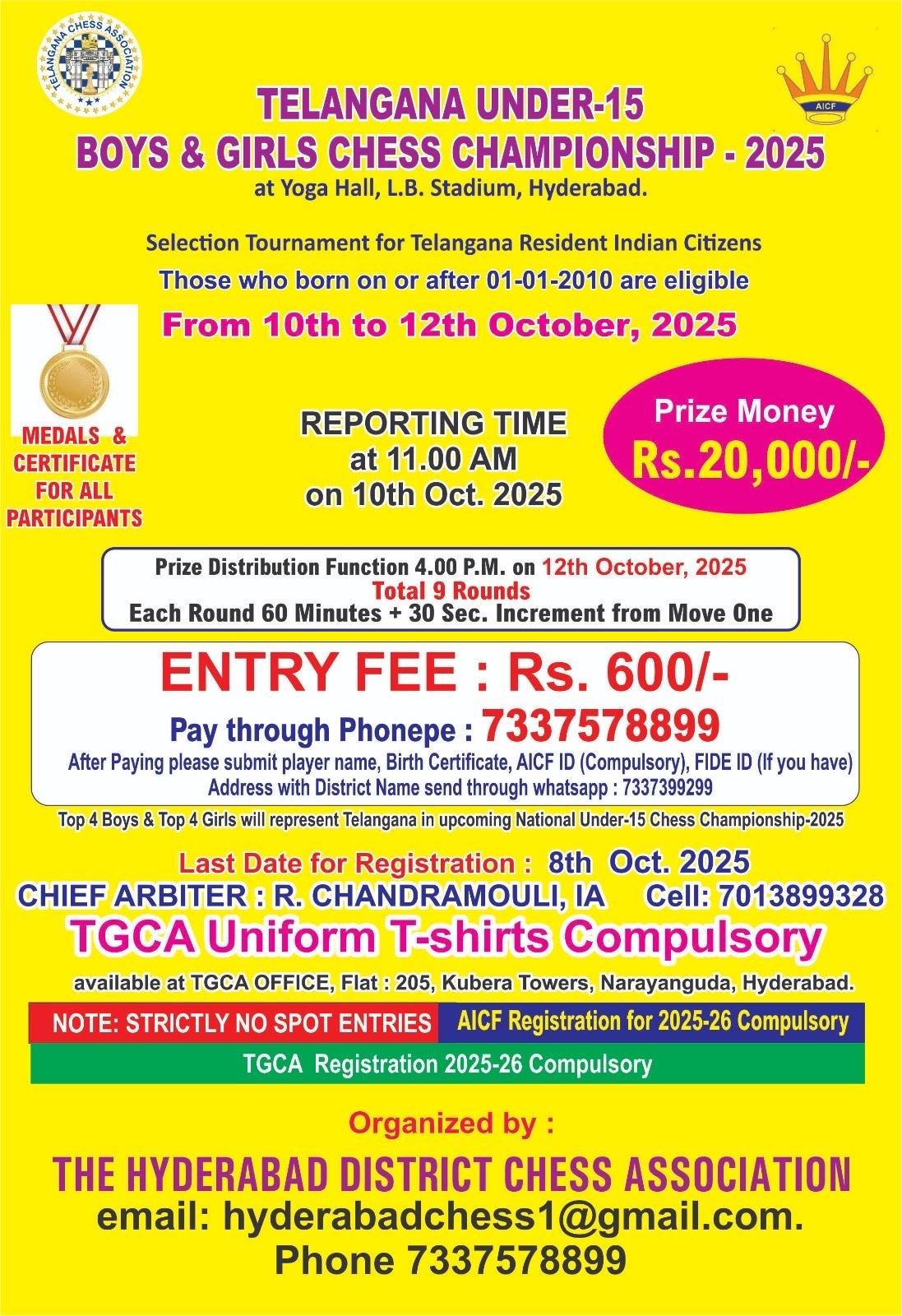 TELANGANA UNDER-15 BOYS & GIRLS CHESS CHAMPIONSHIP–2025