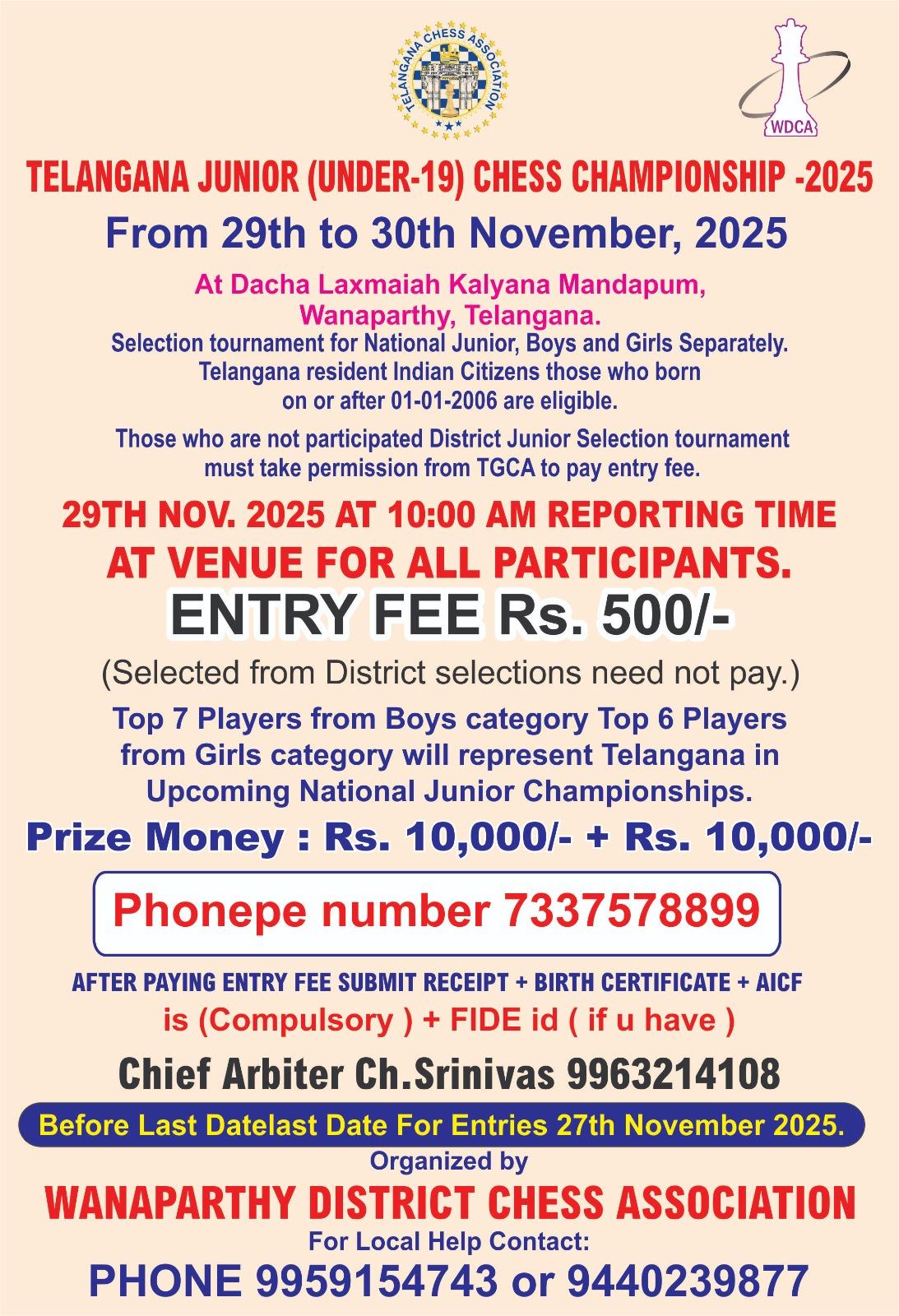 TELANGANA JUNIOR (UNDER-19) CHESS CHAMPIONSHIP - 2025