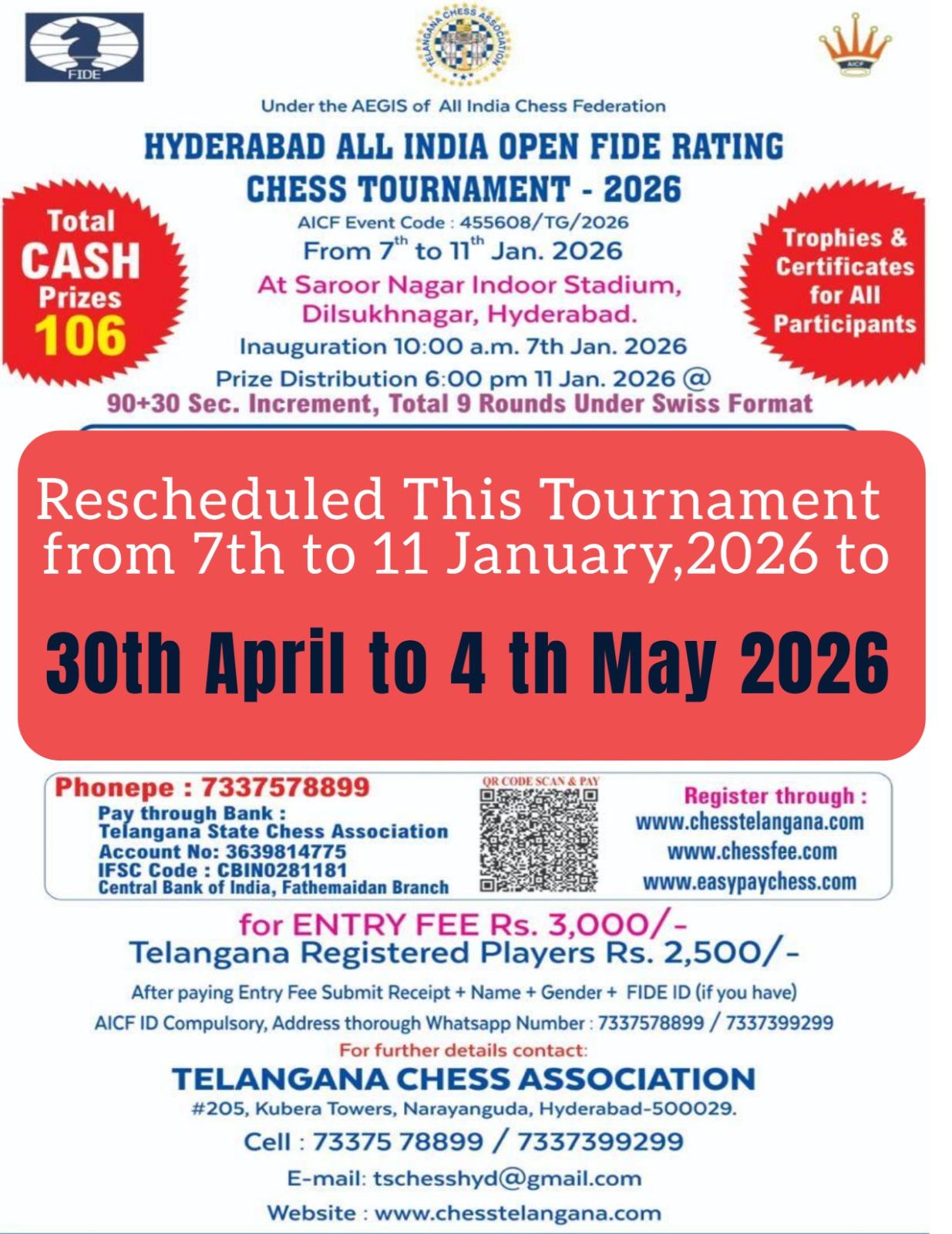HYDERABAD ALL INDIA OPEN FIDE RATING CHESS TOURNAMENT-2026