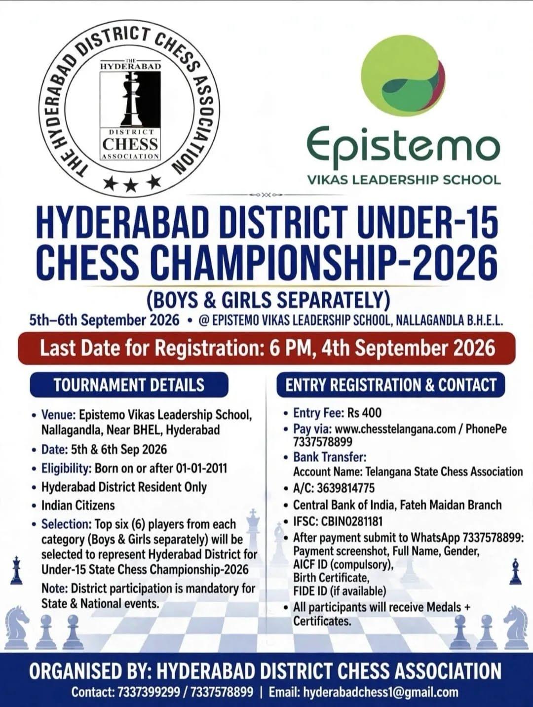 HYDERABAD DISTRICT UNDER-15 CHESS CHAMPIONSHIP – 2026
