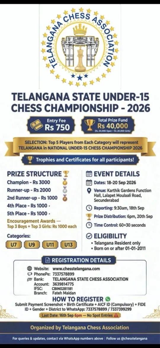 TELANGANA STATE UNDER-15 CHESS CHAMPIONSHIP - 2026